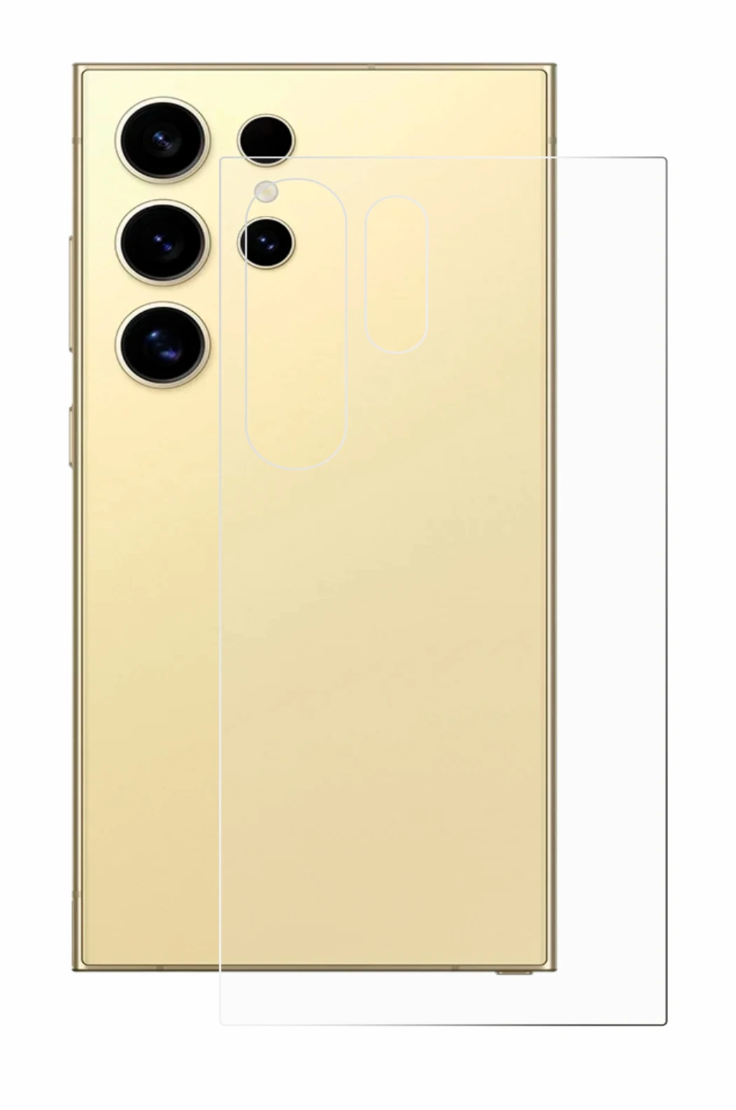 Abbildung des Geräts Samsung Galaxy S24 Ultra (Rückseite) mit einer Vielzahl des Displayschutzes.