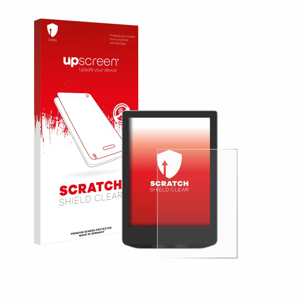 Vorderseite einer Produktverpackung mit dem Markenlogo upscreen. Daneben ist das Gerät Vivlio Light HD mit dem zugehörigen Dis