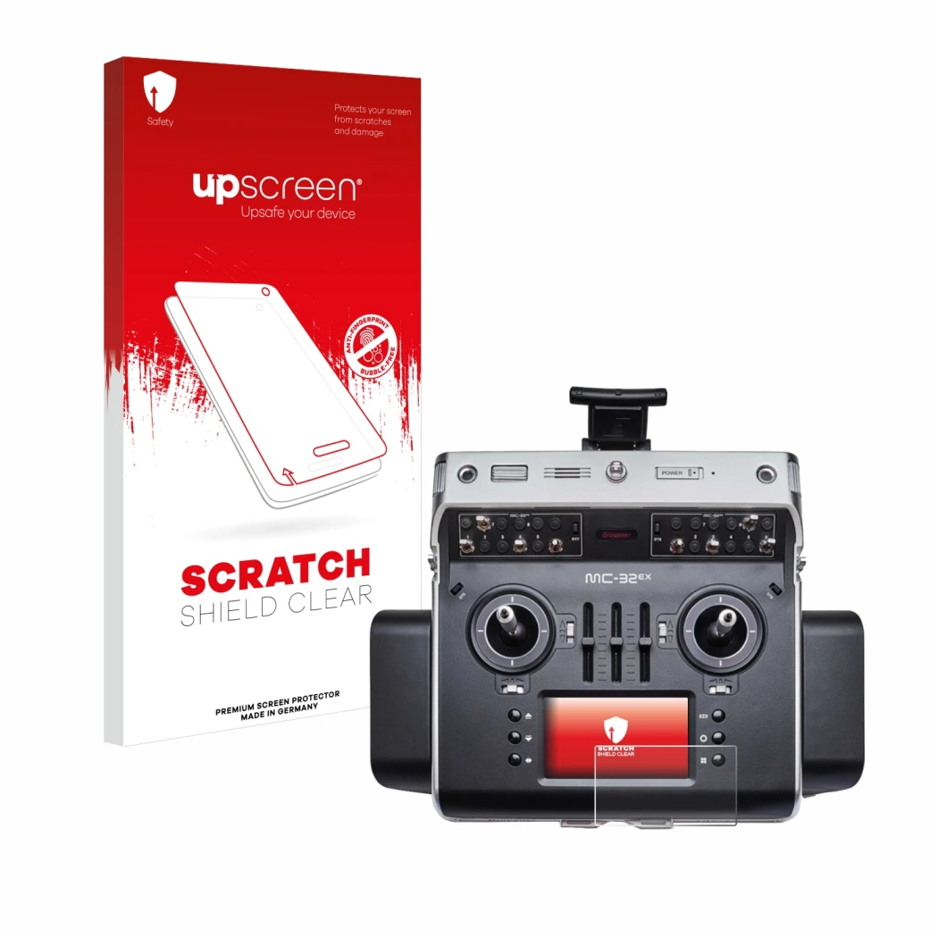 Vorderseite einer Produktverpackung mit dem Markenlogo upscreen. Daneben ist das Gerät Graupner MC-32ex mit dem zugehörigen Di