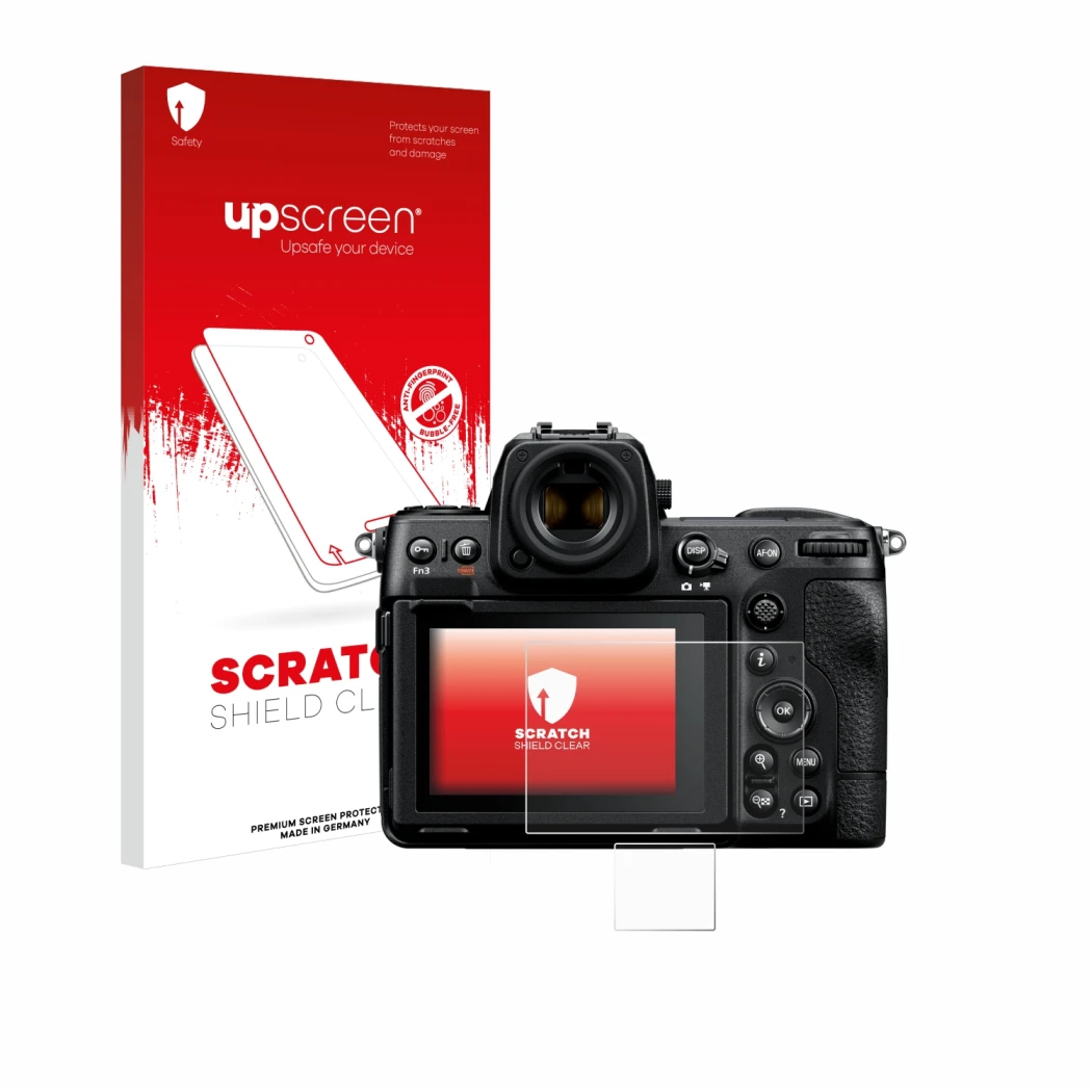 Vorderseite einer Produktverpackung mit dem Markenlogo upscreen. Daneben ist das Gerät Nikon Z 8 (Display + Schulterdisplay) m