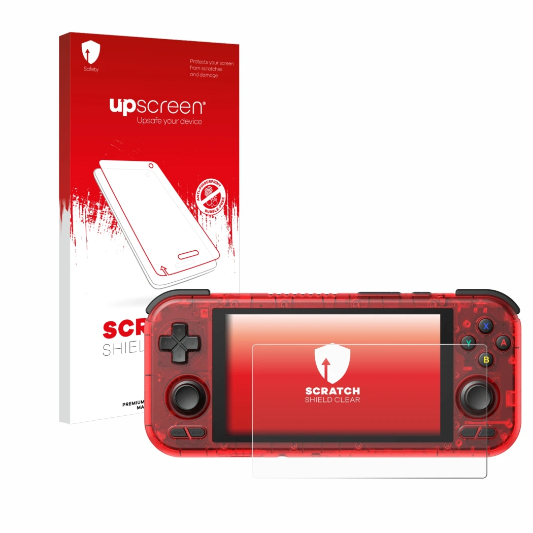 Vorderseite einer Produktverpackung mit dem Markenlogo upscreen. Daneben ist das Gerät Retroid Pocket 4 Pro mit dem zugehörige