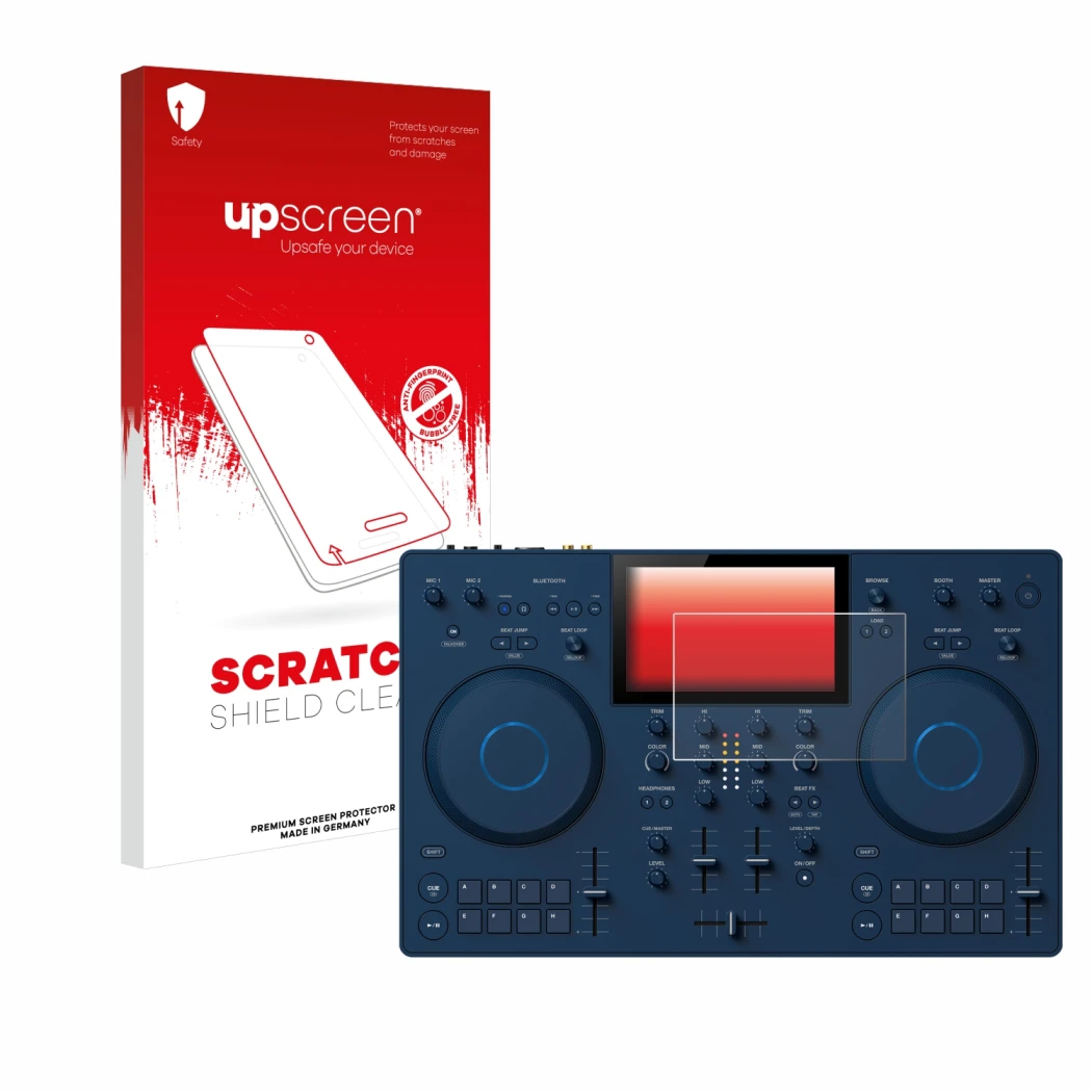 Vorderseite einer Produktverpackung mit dem Markenlogo upscreen. Daneben ist das Gerät AlphaTheta OMNIS-Duo mit dem zugehörige