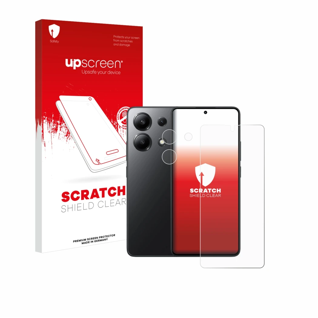 Vorderseite einer Produktverpackung mit dem Markenlogo upscreen. Daneben ist das Gerät Xiaomi Redmi Note 13 (Display+Kamera) m