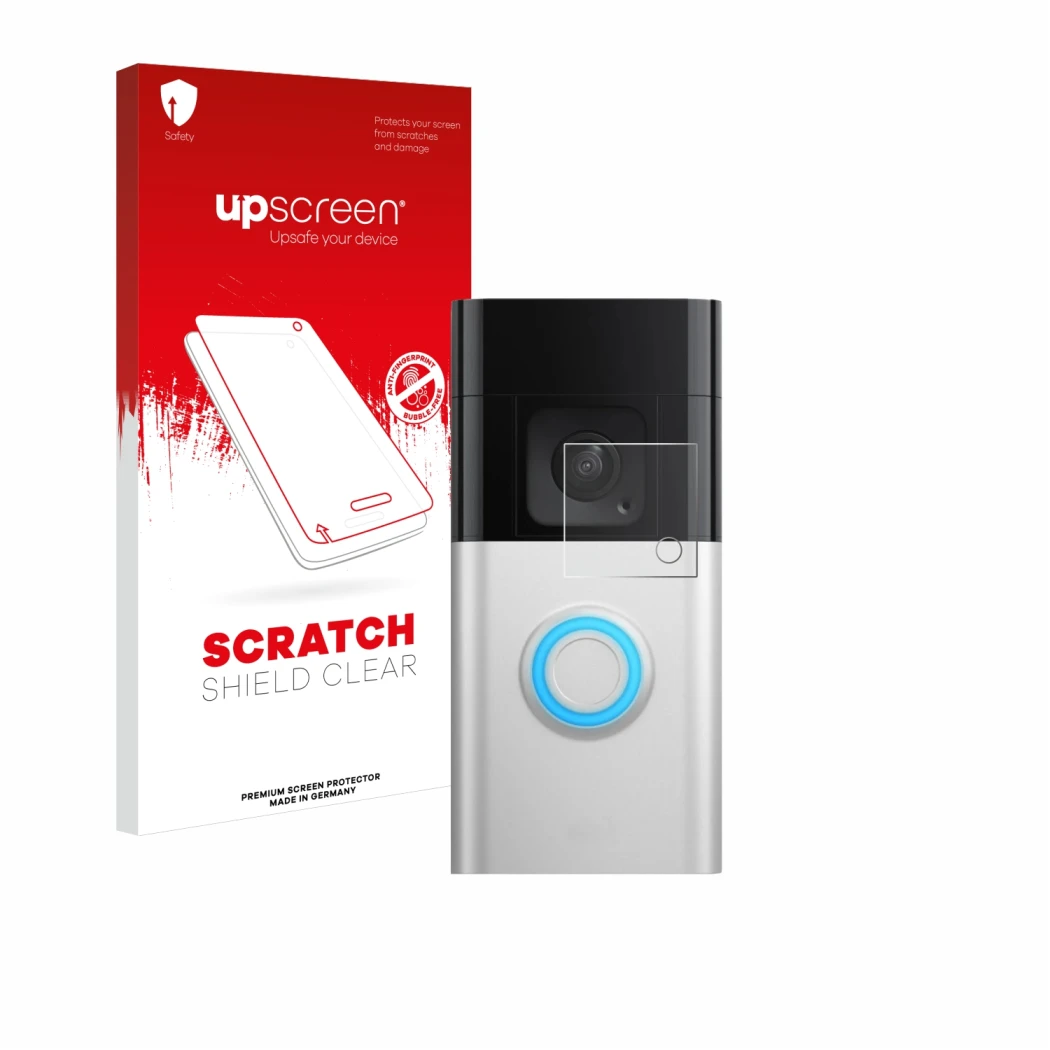 Vorderseite einer Produktverpackung mit dem Markenlogo upscreen. Daneben ist das Gerät Ring Video Doorbell Plus mit dem zugehö