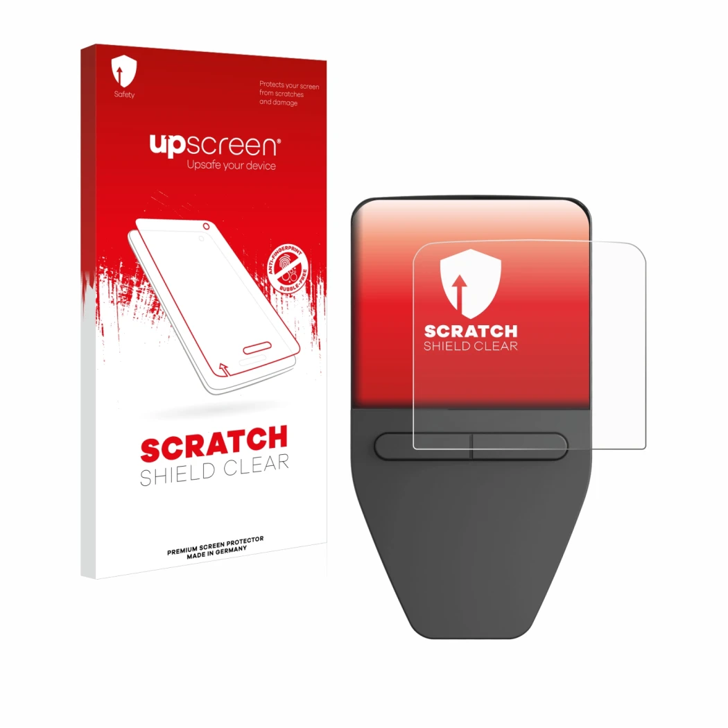 Vorderseite einer Produktverpackung mit dem Markenlogo upscreen. Daneben ist das Gerät Trezor Safe 3 mit dem zugehörigen Displ