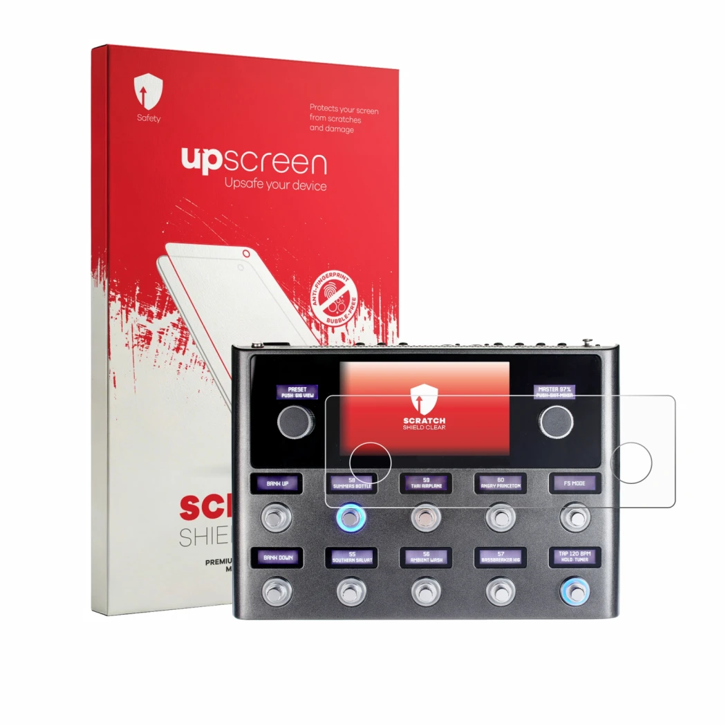 Vorderseite einer Produktverpackung mit dem Markenlogo upscreen. Daneben ist das Gerät Fender Tone Master Pro mit dem zugehöri