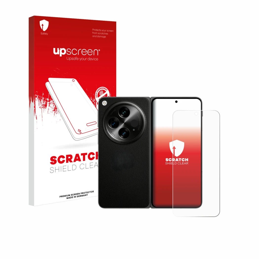 Vorderseite einer Produktverpackung mit dem Markenlogo upscreen. Daneben ist das Gerät OnePlus Open (case-friendly) mit dem zu