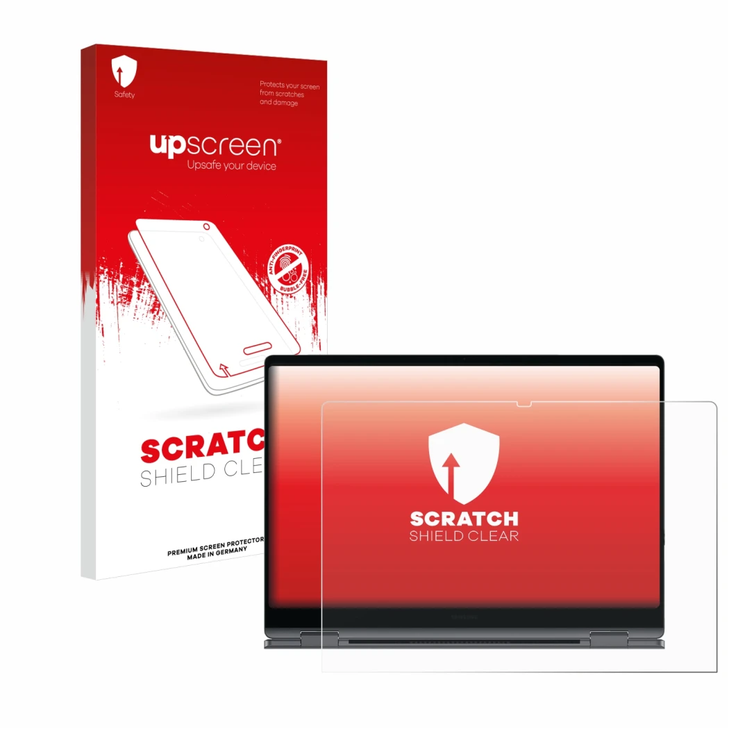 Vorderseite einer Produktverpackung mit dem Markenlogo upscreen. Daneben ist das Gerät Samsung Galaxy Book4 Pro 360 16