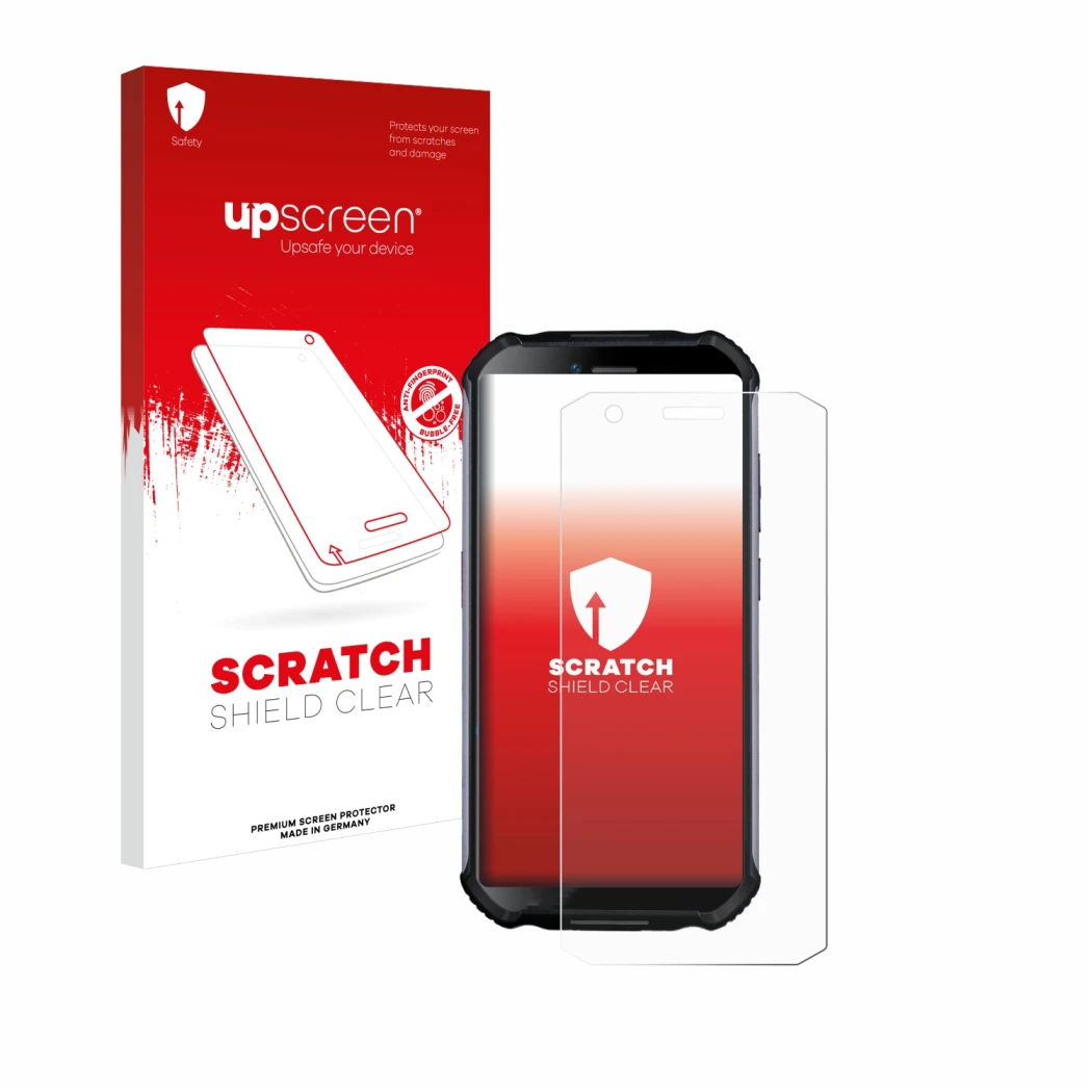 Vorderseite einer Produktverpackung mit dem Markenlogo upscreen. Daneben ist das Gerät Doogee S41 Plus mit dem zugehörigen Dis