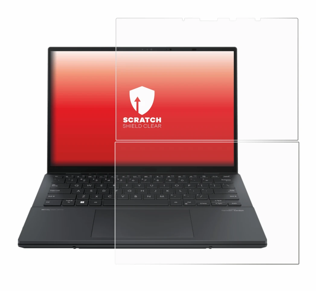 Abbildung des Geräts ASUS ZenBook Duo OLED 2024 UX8406 mit einer Vielzahl des Displayschutzes.