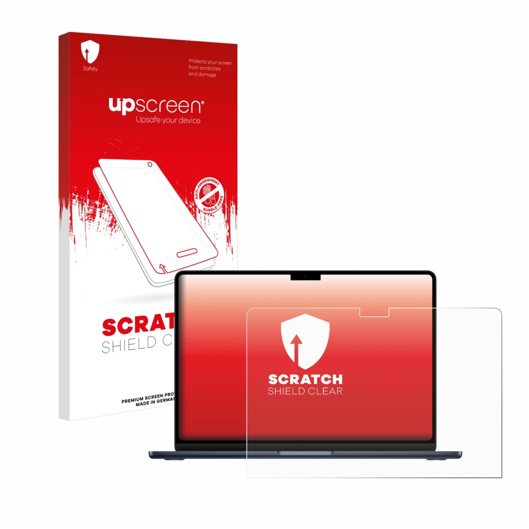 Vorderseite einer Produktverpackung mit dem Markenlogo upscreen. Daneben ist das Gerät Apple MacBook Air 13