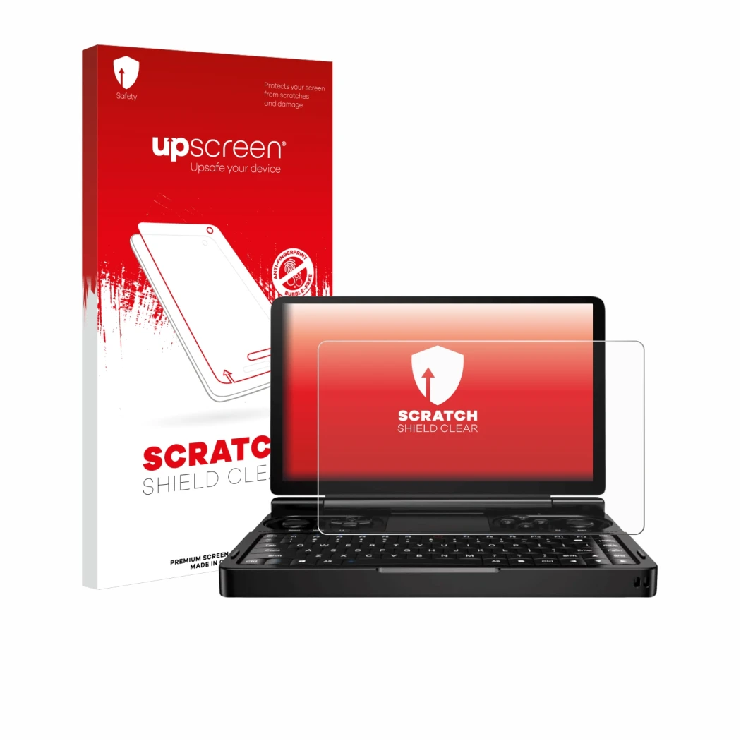 Vorderseite einer Produktverpackung mit dem Markenlogo upscreen. Daneben ist das Gerät GPD Win Mini (2024) mit dem zugehörigen