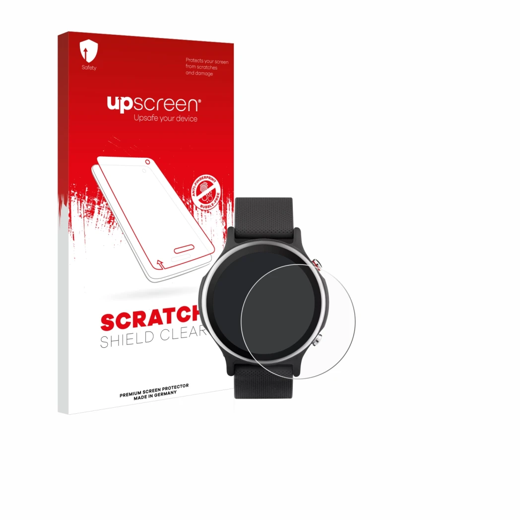 Vorderseite einer Produktverpackung mit dem Markenlogo upscreen. Daneben ist das Gerät ASUS VivoWatch 6 mit dem zugehörigen Di