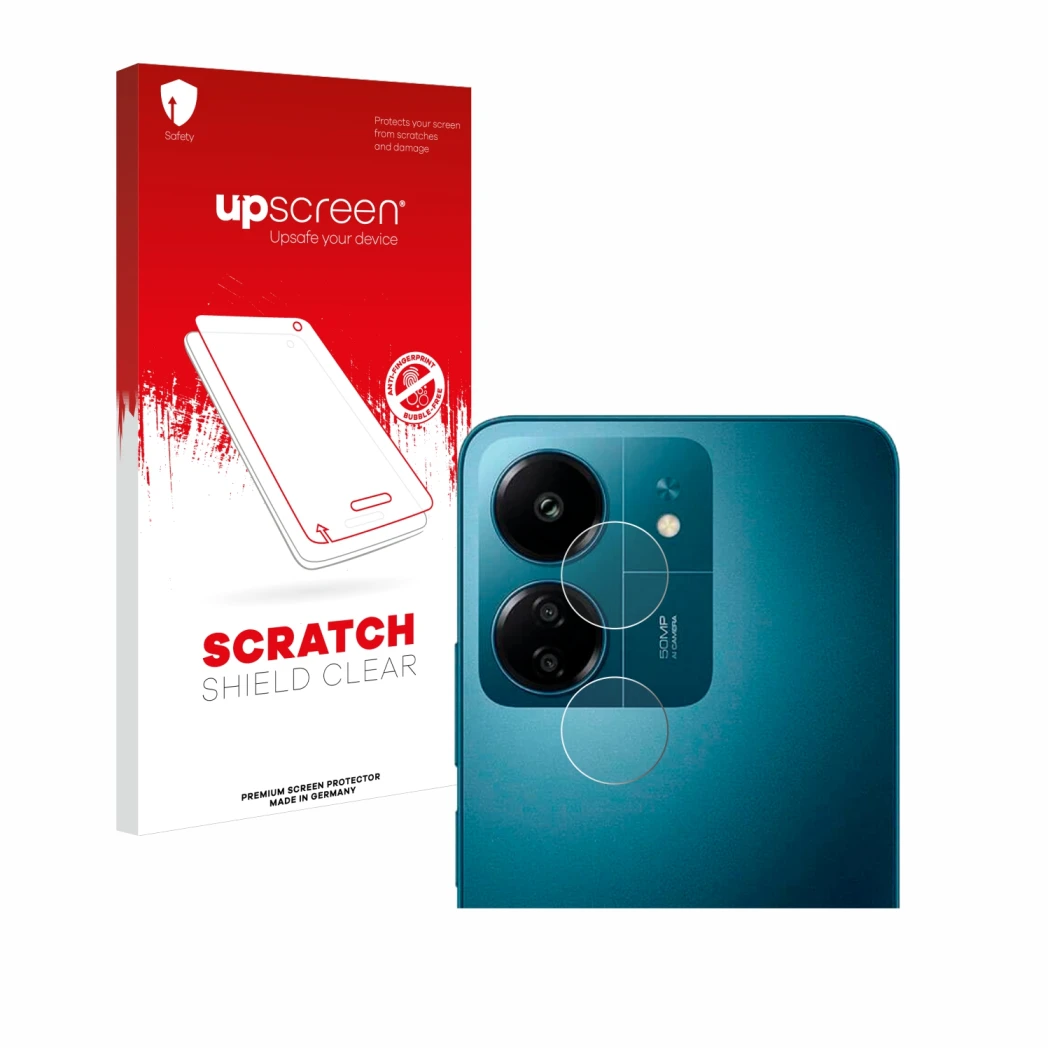 Vorderseite einer Produktverpackung mit dem Markenlogo upscreen. Daneben ist das Gerät Xiaomi Redmi 13C (NUR Kameraschutz) mit