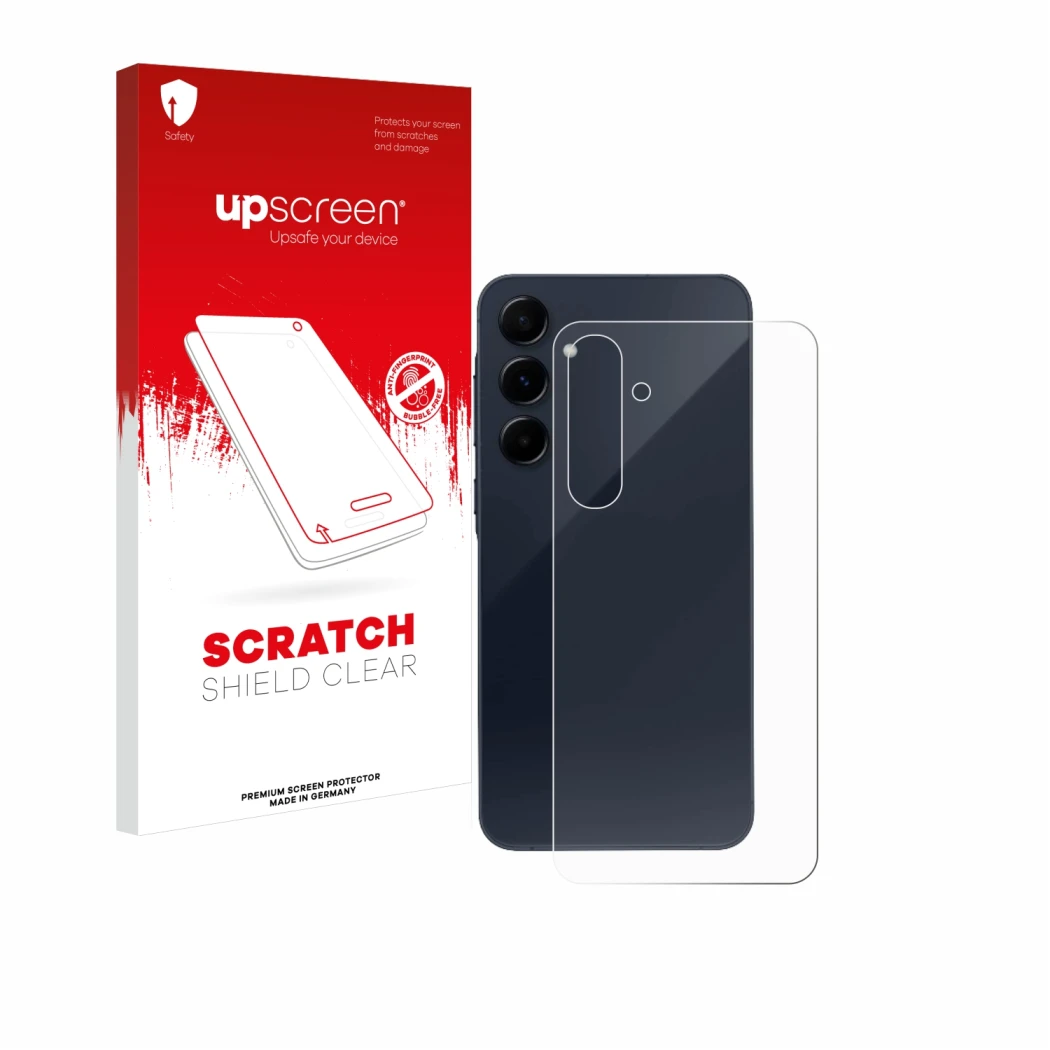 Vorderseite einer Produktverpackung mit dem Markenlogo upscreen. Daneben ist das Gerät Samsung Galaxy A55 5G (Rückseite) mit d
