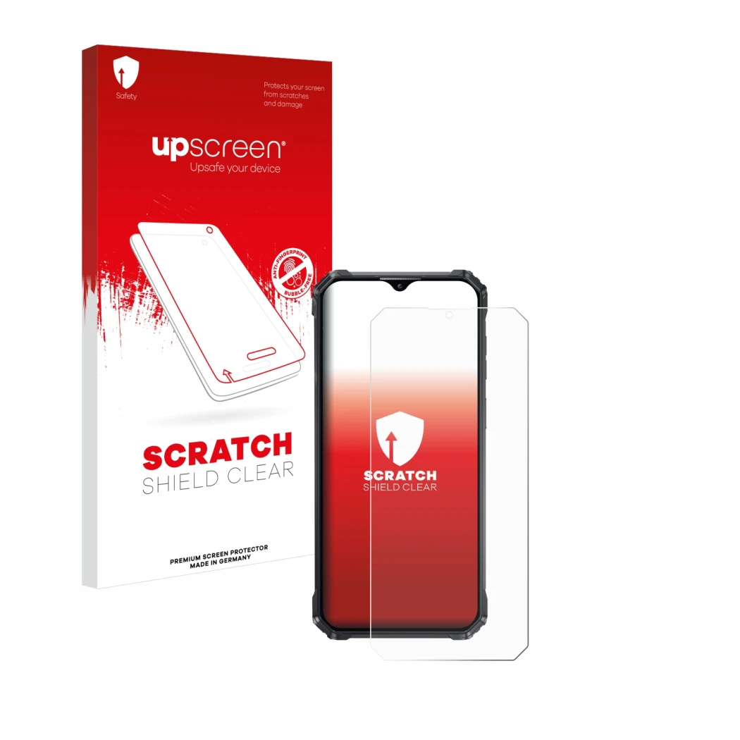 Vorderseite einer Produktverpackung mit dem Markenlogo upscreen. Daneben ist das Gerät Oukitel WP36 mit dem zugehörigen Displa