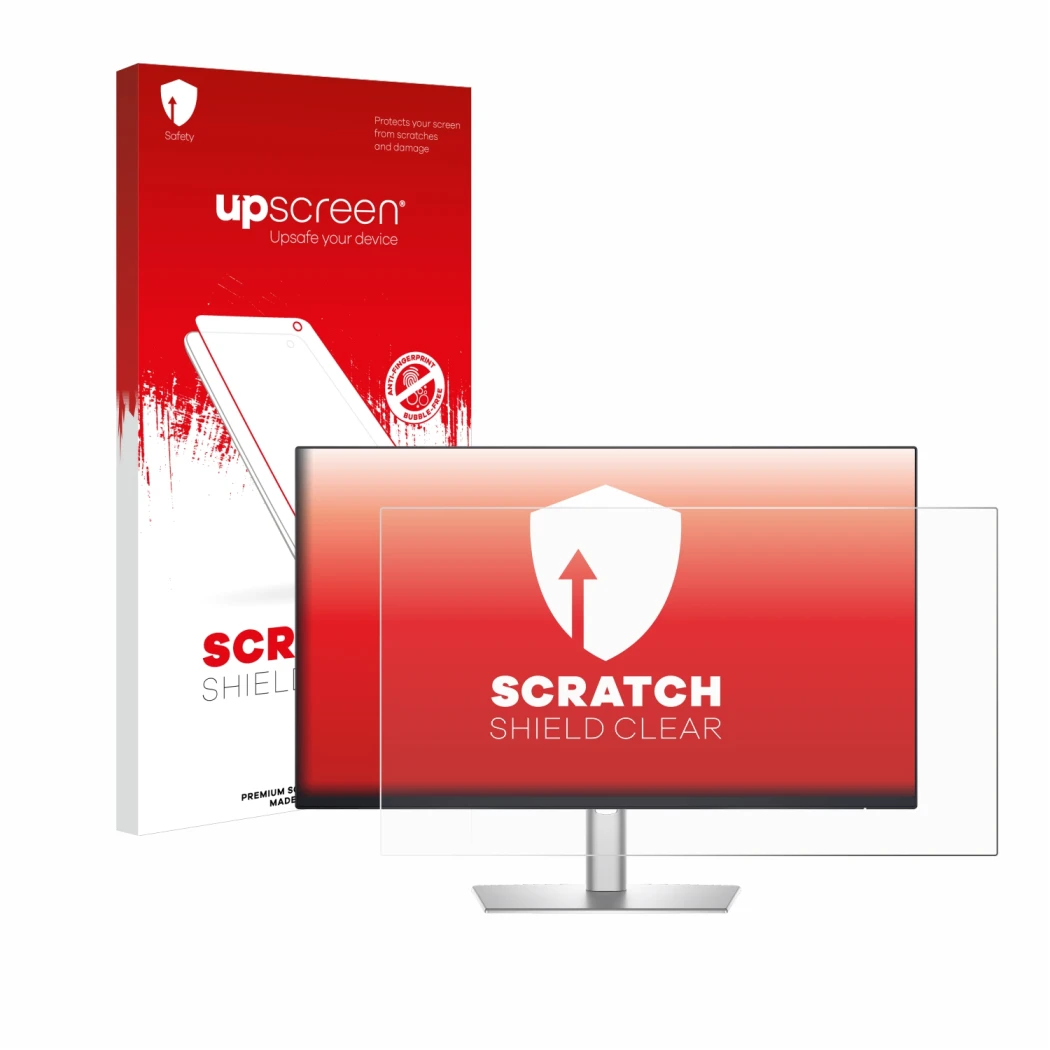 Vorderseite einer Produktverpackung mit dem Markenlogo upscreen. Daneben ist das Gerät Dell Professional P2425H mit dem zugehö