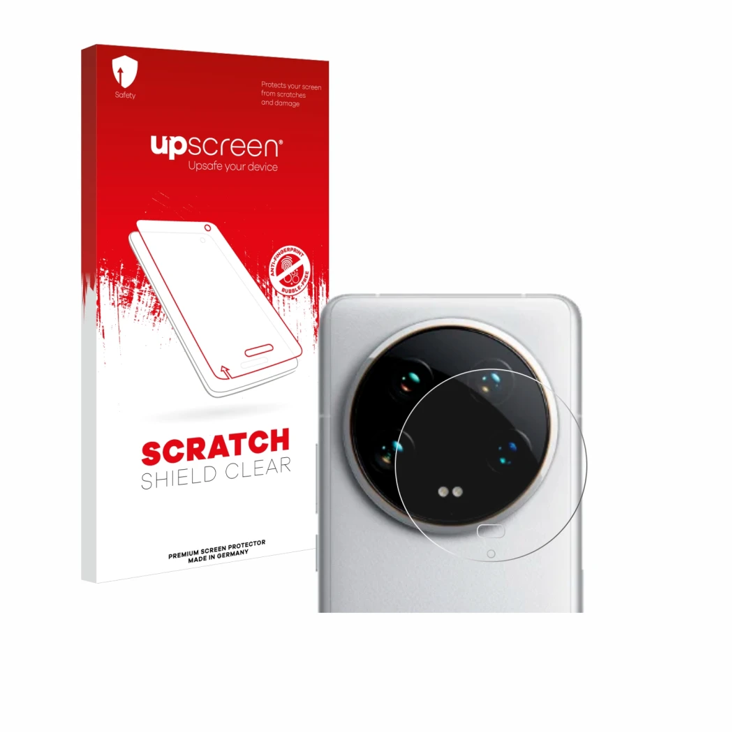 Vorderseite einer Produktverpackung mit dem Markenlogo upscreen. Daneben ist das Gerät Xiaomi 14 Ultra (NUR Kameraschutz) mit