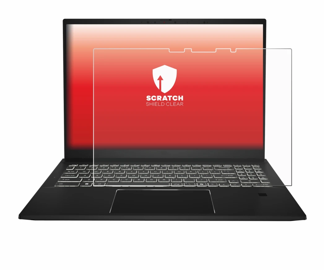 Abbildung des Geräts MSI Summit E16 AI Studio mit einer Vielzahl des Displayschutzes.