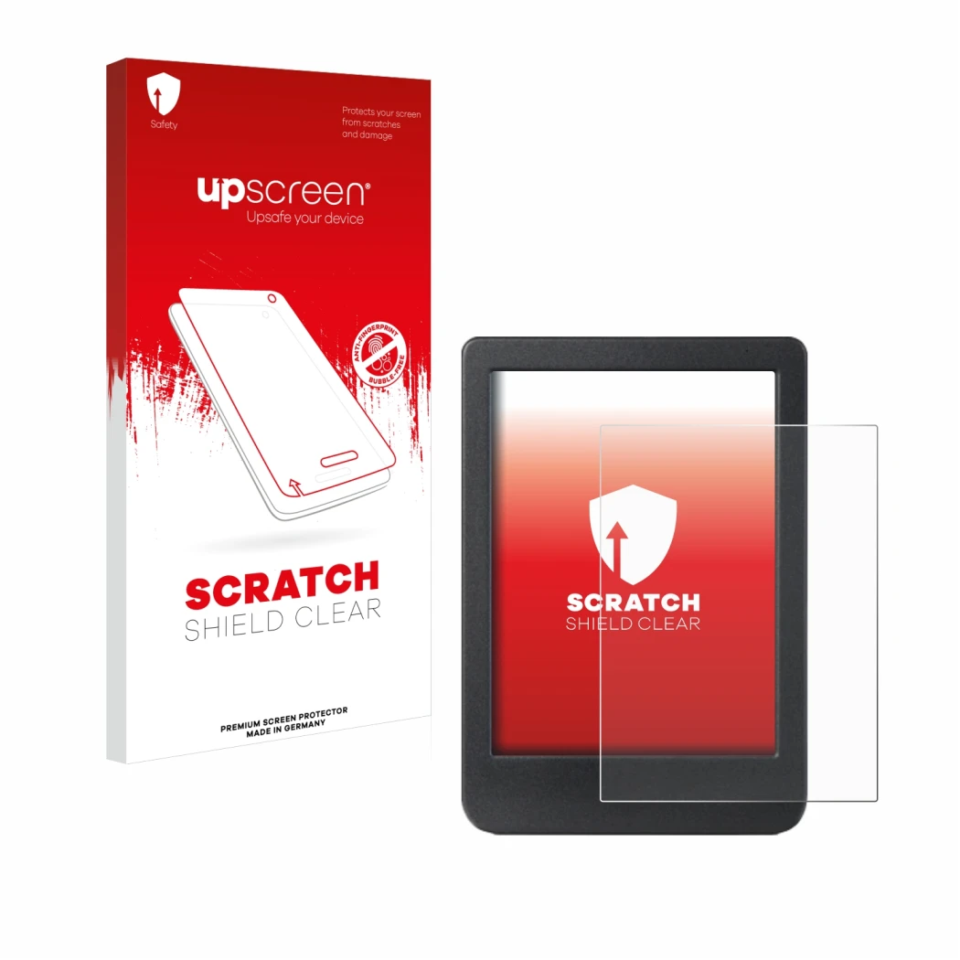 Vorderseite einer Produktverpackung mit dem Markenlogo upscreen. Daneben ist das Gerät Kobo Clara BW mit dem zugehörigen Displ