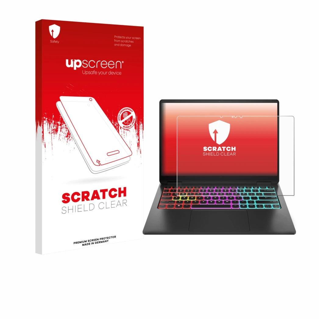Vorderseite einer Produktverpackung mit dem Markenlogo upscreen. Daneben ist das Gerät HP Omen Transcend 14 mit dem zugehörige