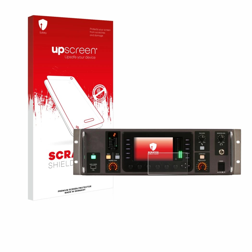 Vorderseite einer Produktverpackung mit dem Markenlogo upscreen. Daneben ist das Gerät Behringer X32 Rack mit dem zugehörigen