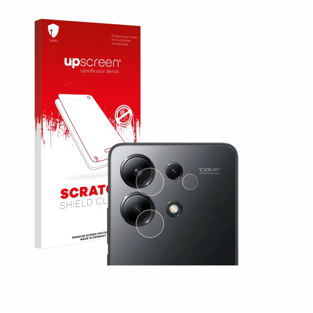 Vorderseite einer Produktverpackung mit dem Markenlogo upscreen. Daneben ist das Gerät Xiaomi Redmi Note 13 4G (NUR Kameraschu