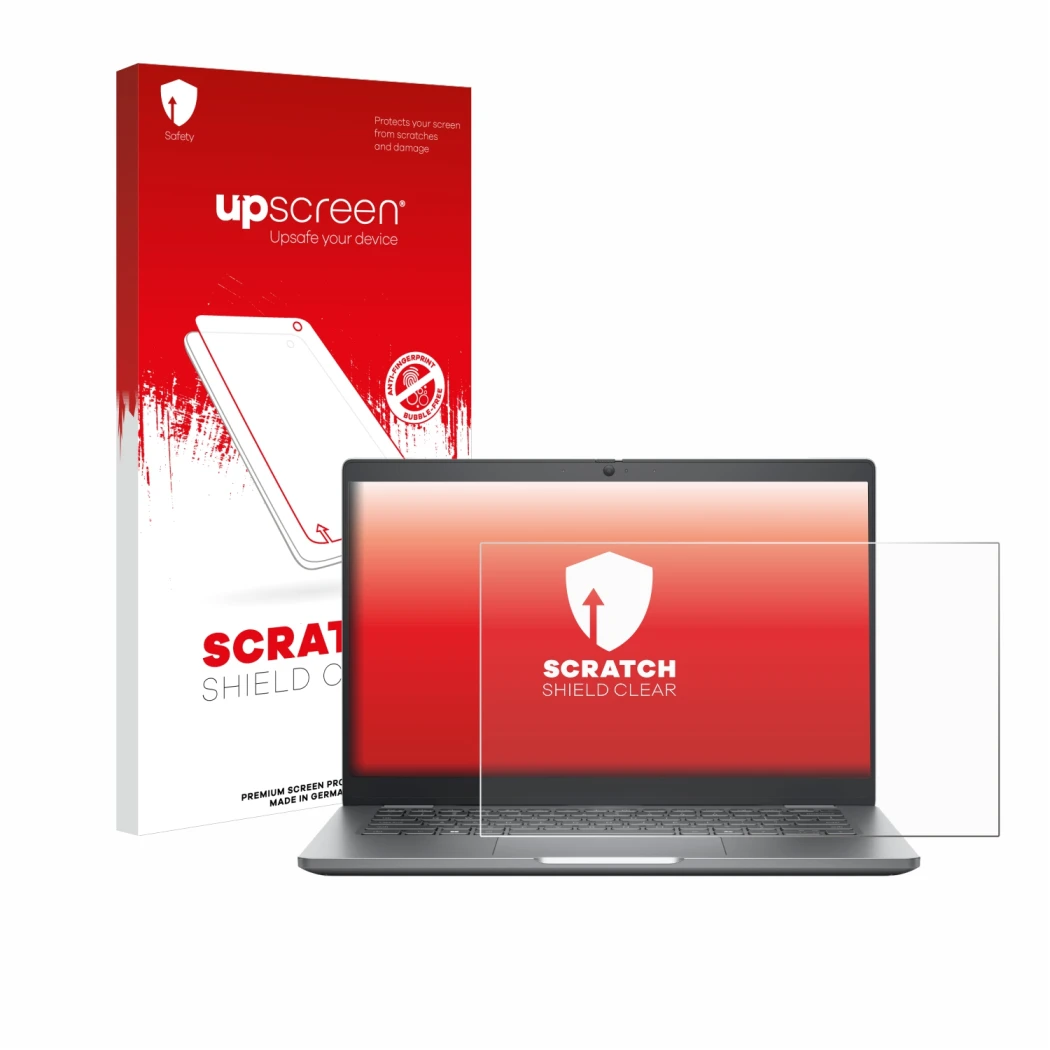 Vorderseite einer Produktverpackung mit dem Markenlogo upscreen. Daneben ist das Gerät Dell Latitude 5350 Laptop mit dem zugeh