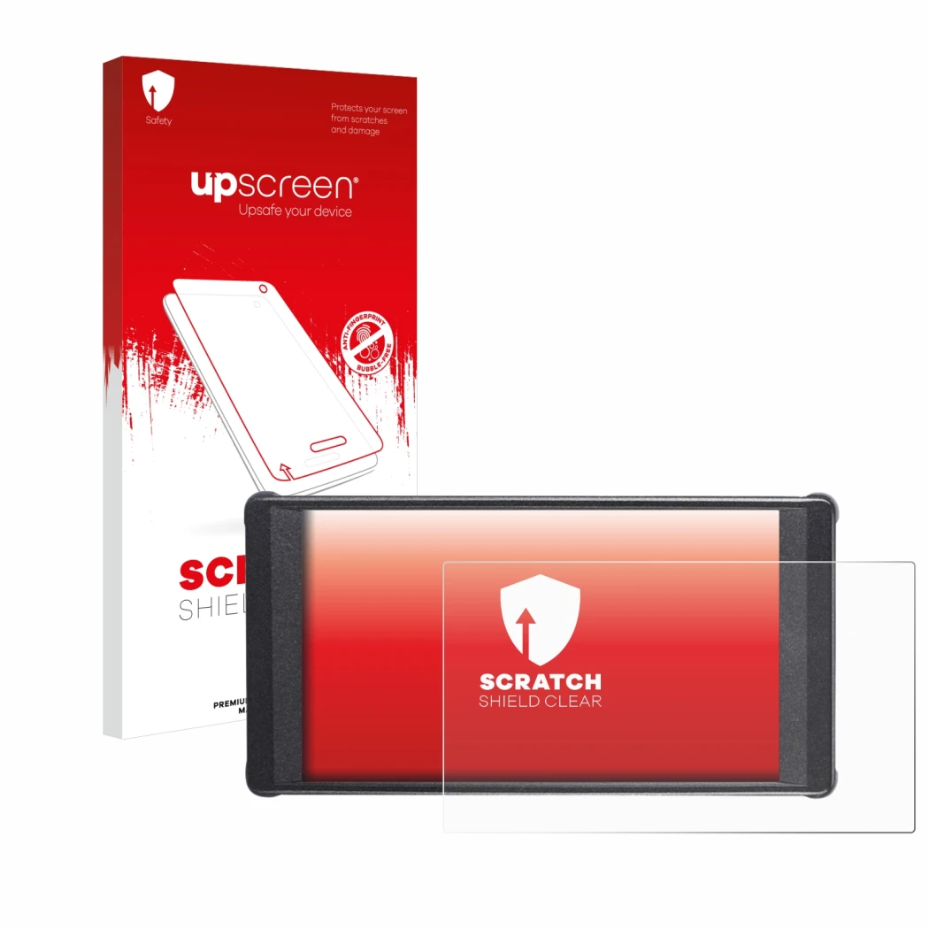 Vorderseite einer Produktverpackung mit dem Markenlogo upscreen. Daneben ist das Gerät Portkeys PT6 mit dem zugehörigen Displa