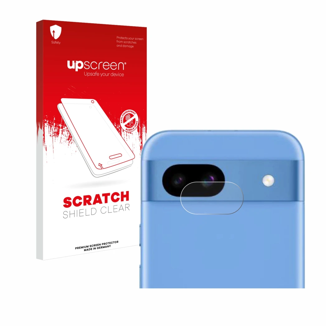 Vorderseite einer Produktverpackung mit dem Markenlogo upscreen. Daneben ist das Gerät Google Pixel 8a (NUR Kameraschutz) mit 