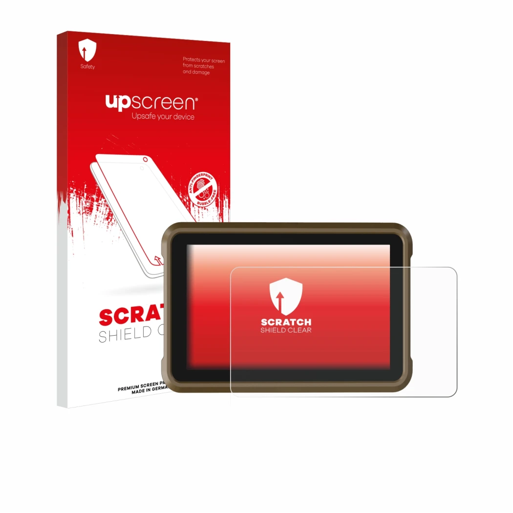 Vorderseite einer Produktverpackung mit dem Markenlogo upscreen. Daneben ist das Gerät Atomos Ninja mit dem zugehörigen Displa