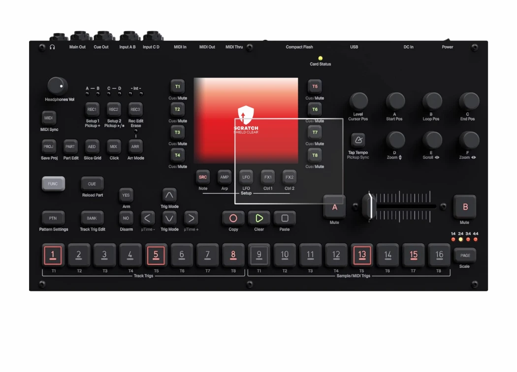 Abbildung des Geräts Elektron Octatrack MKII mit einer Vielzahl des Displayschutzes.