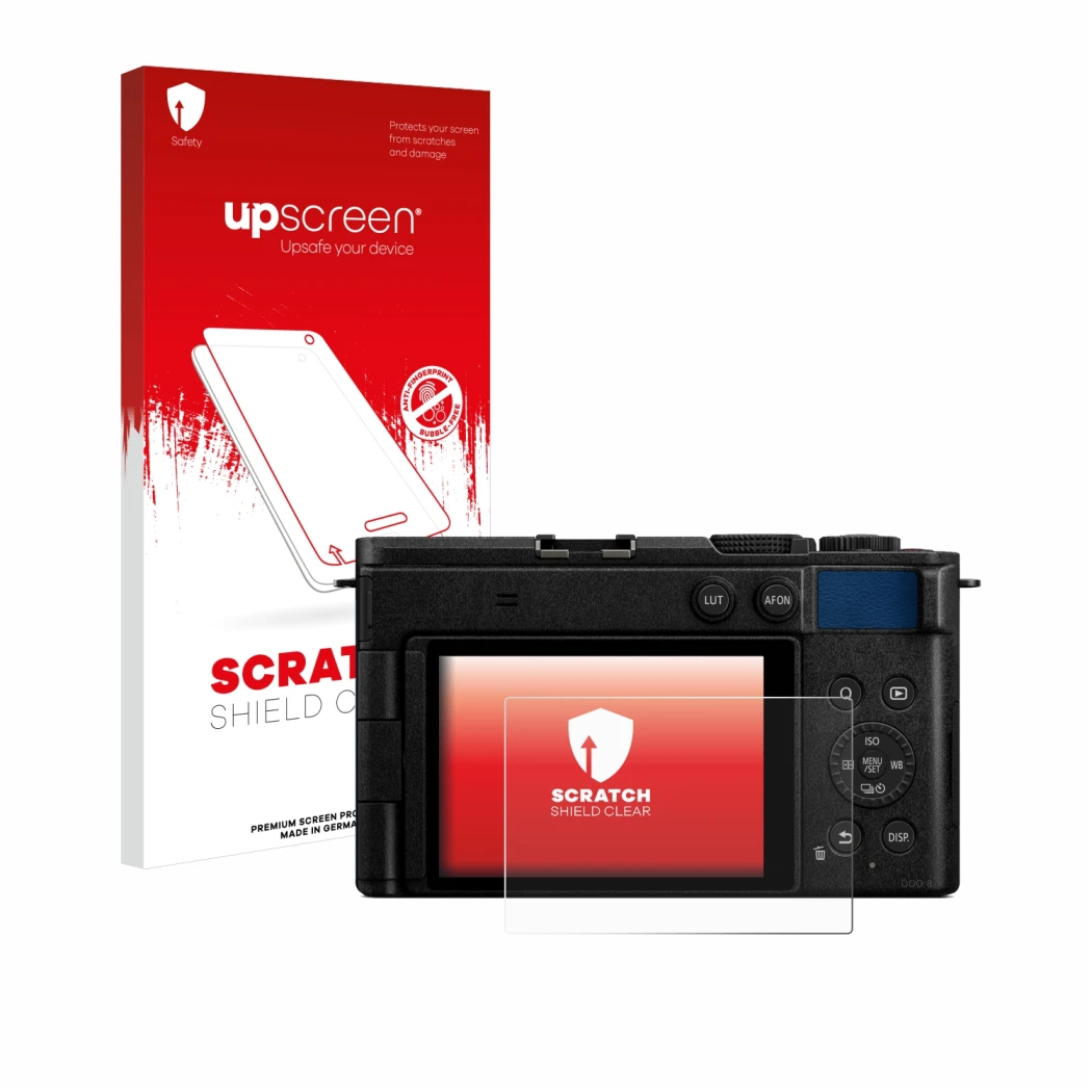 Vorderseite einer Produktverpackung mit dem Markenlogo upscreen. Daneben ist das Gerät Panasonic Lumix DC-S9 mit dem zugehörig