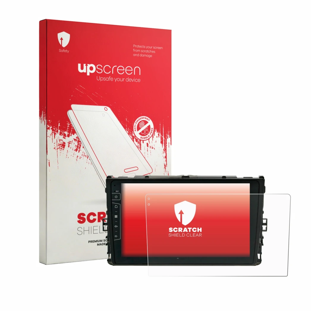 Vorderseite einer Produktverpackung mit dem Markenlogo upscreen. Daneben ist das Gerät Dynavin D9-T6 mit dem zugehörigen Displ