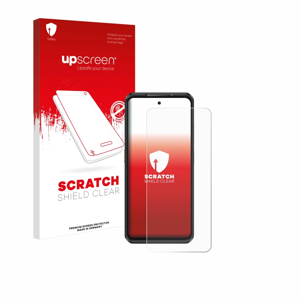 Vorderseite einer Produktverpackung mit dem Markenlogo upscreen. Daneben ist das Gerät Ulefone Armor 25T Pro mit dem zugehörig