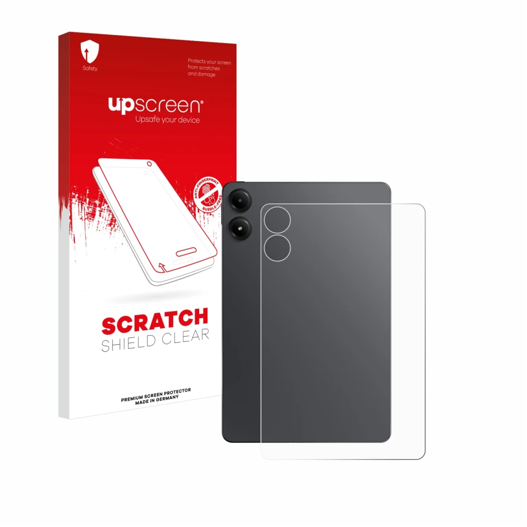 Vorderseite einer Produktverpackung mit dem Markenlogo upscreen. Daneben ist das Gerät Xiaomi Redmi Pad Pro (Rückseite) mit de