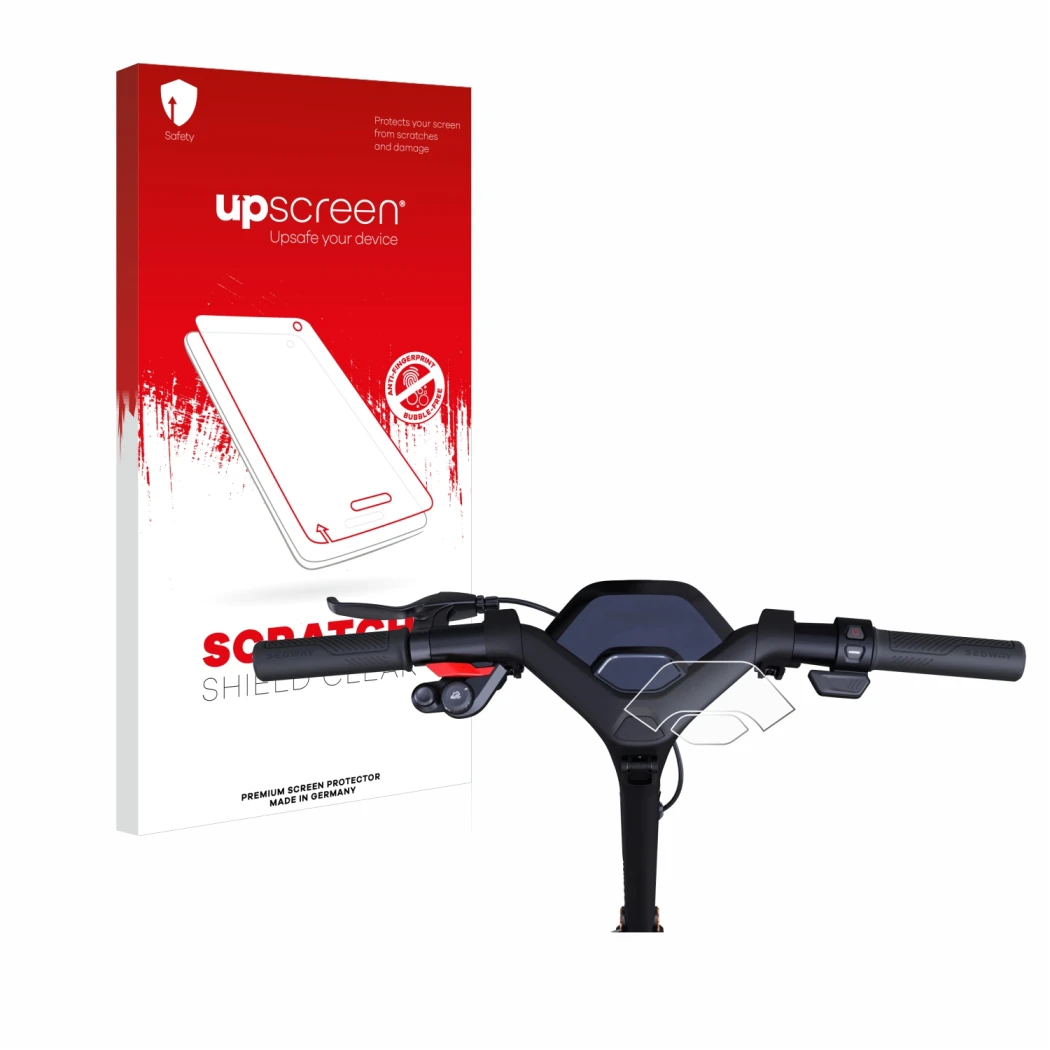 Vorderseite einer Produktverpackung mit dem Markenlogo upscreen. Daneben ist das Gerät Segway Ninebot P65D mit dem zugehörigen