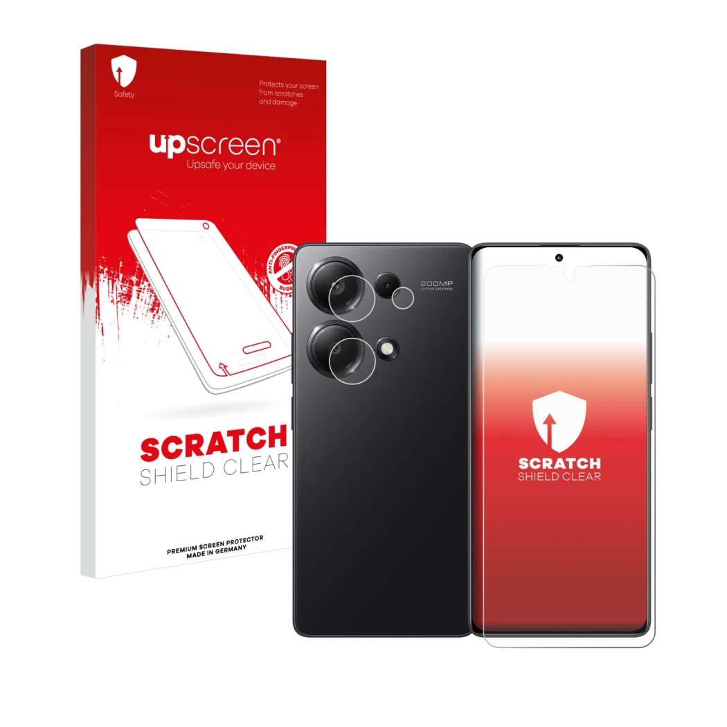 Vorderseite einer Produktverpackung mit dem Markenlogo upscreen. Daneben ist das Gerät Xiaomi Redmi Note 13 Pro 4G (Display+Ka