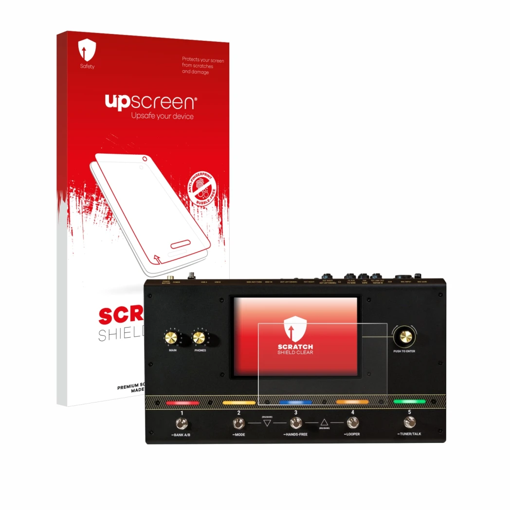Vorderseite einer Produktverpackung mit dem Markenlogo upscreen. Daneben ist das Gerät Headrush Core mit dem zugehörigen Displ