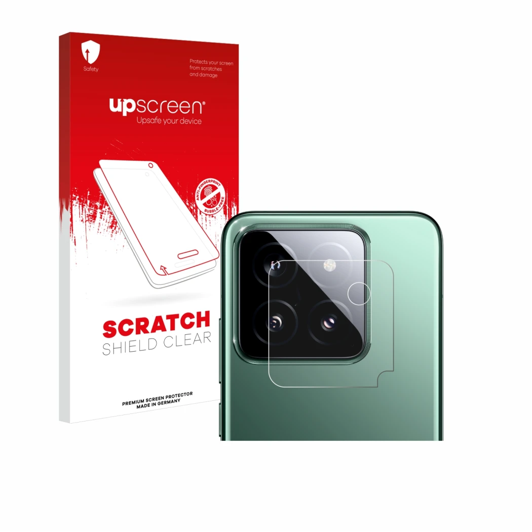 Vorderseite einer Produktverpackung mit dem Markenlogo upscreen. Daneben ist das Gerät Xiaomi 14 (NUR Kameraschutz) mit dem zu
