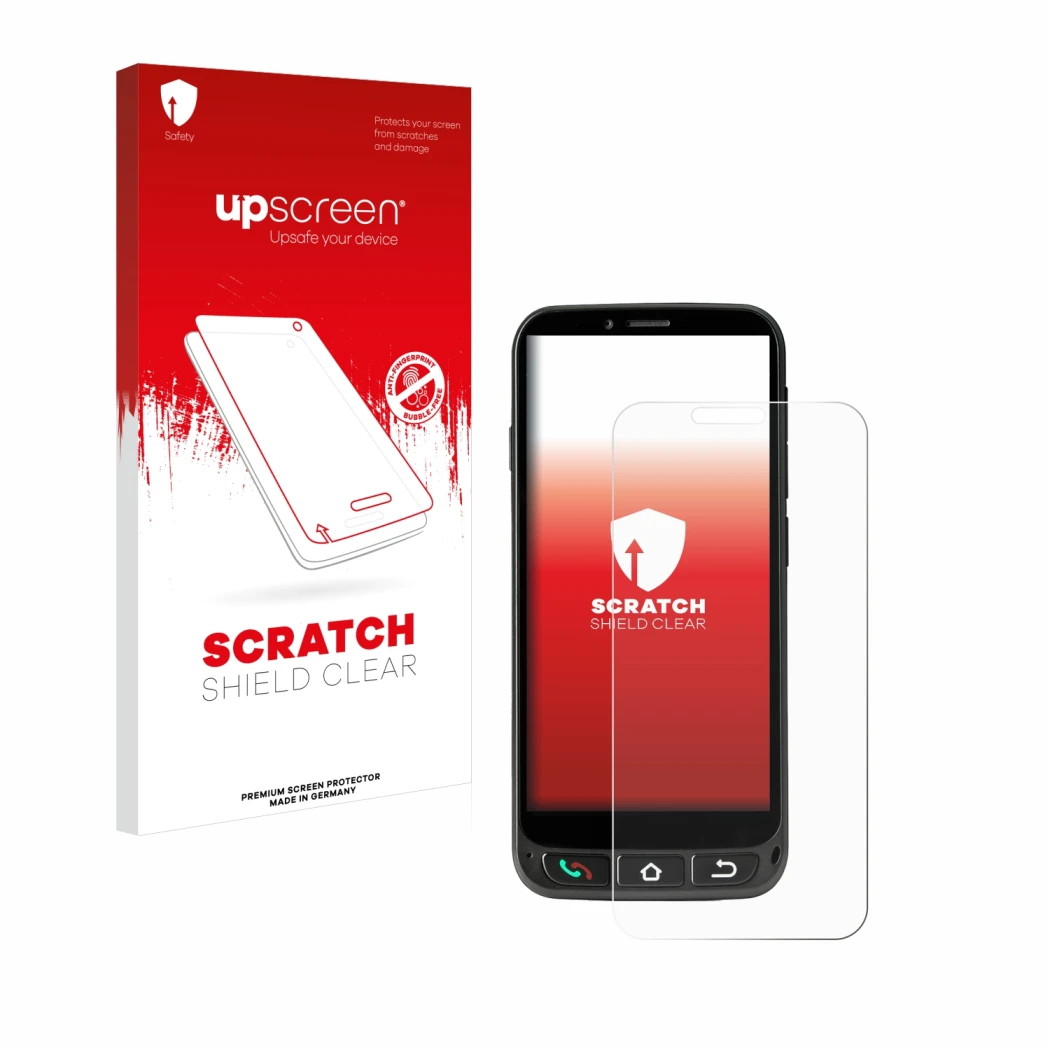 Vorderseite einer Produktverpackung mit dem Markenlogo upscreen. Daneben ist das Gerät SPC Zeus 4G Pro mit dem zugehörigen Dis
