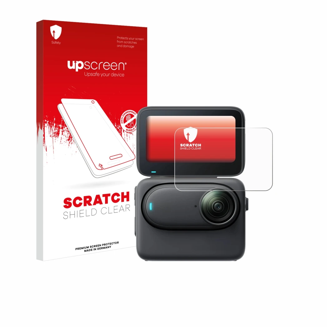 Vorderseite einer Produktverpackung mit dem Markenlogo upscreen. Daneben ist das Gerät Insta360 Go 3S mit dem zugehörigen Disp