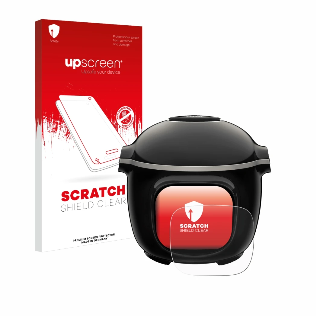 Vorderseite einer Produktverpackung mit dem Markenlogo upscreen. Daneben ist das Gerät Moulinex Cookeo Touch mit dem zugehörig