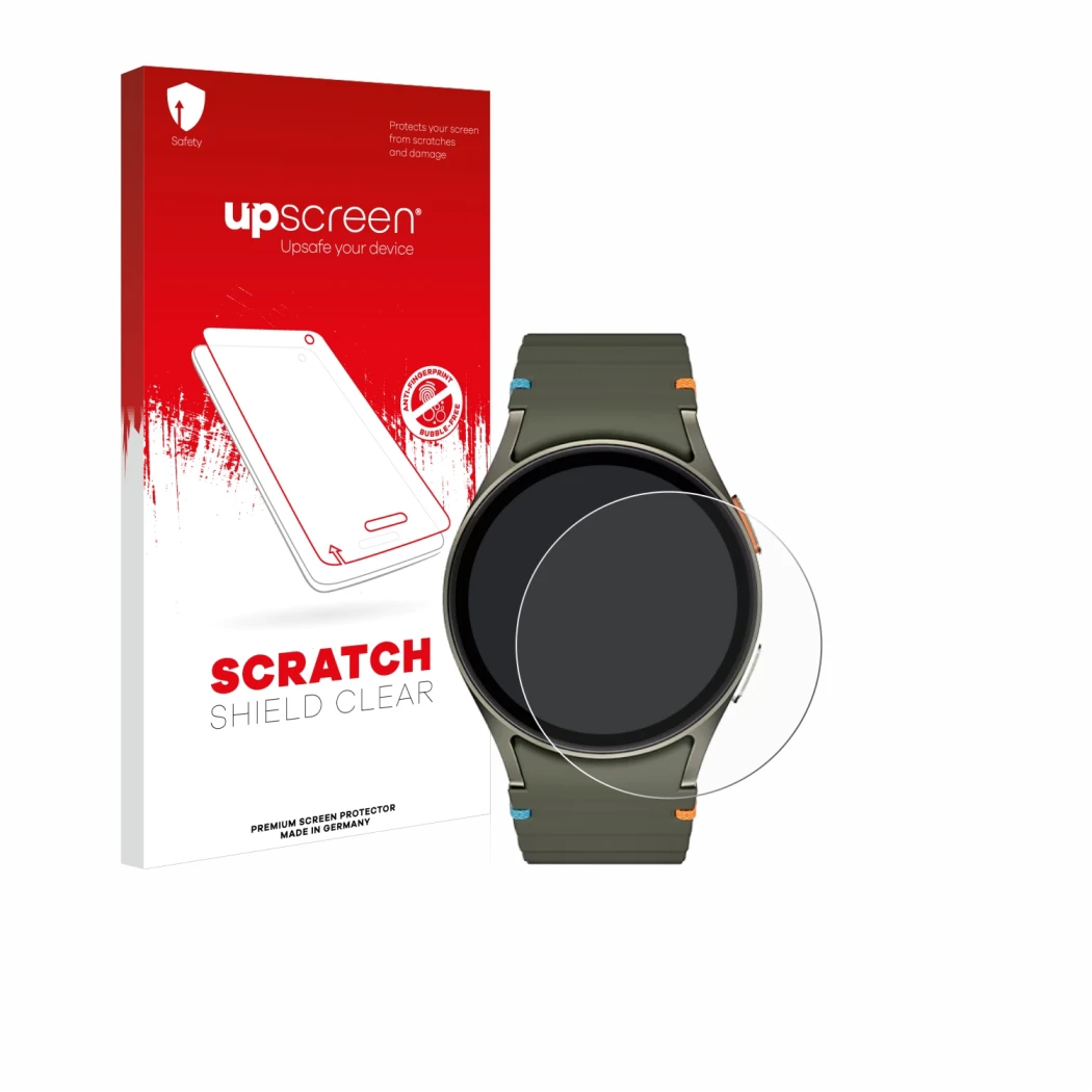 Vorderseite einer Produktverpackung mit dem Markenlogo upscreen. Daneben ist das Gerät Samsung Galaxy Watch 7 (40 mm) mit dem 