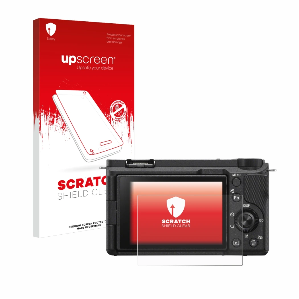 Vorderseite einer Produktverpackung mit dem Markenlogo upscreen. Daneben ist das Gerät Sony Alpha ZV-E10 II mit dem zugehörige