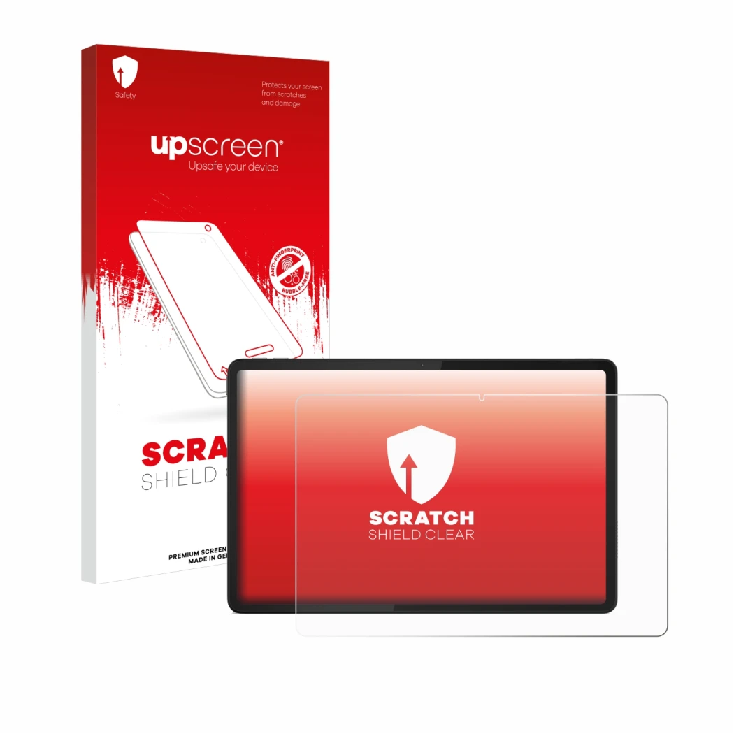 Vorderseite einer Produktverpackung mit dem Markenlogo upscreen. Daneben ist das Gerät Lenovo Tab K11 mit dem zugehörigen Disp