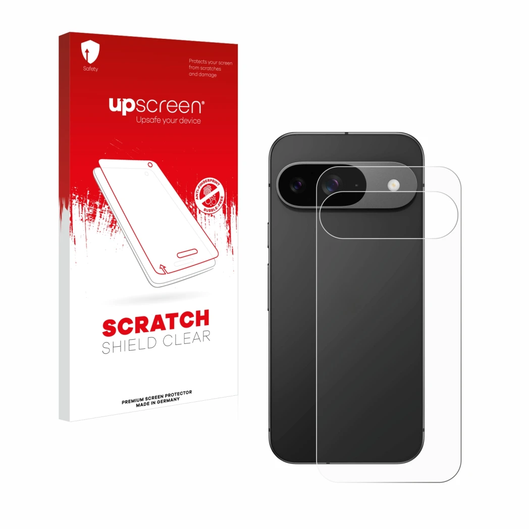 Vorderseite einer Produktverpackung mit dem Markenlogo upscreen. Daneben ist das Gerät Google Pixel 9 (Rückseite) mit dem zuge