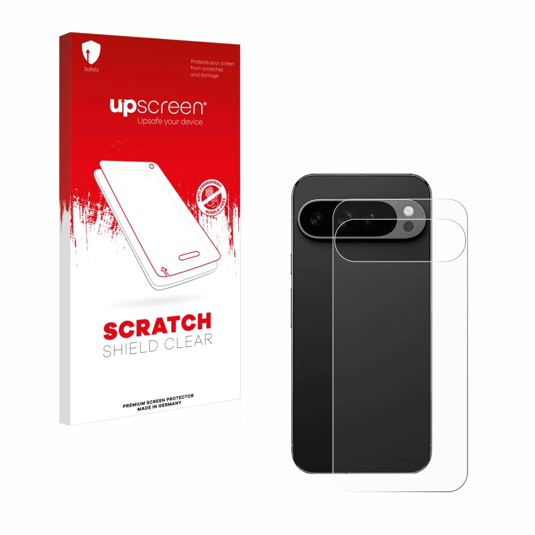 Vorderseite einer Produktverpackung mit dem Markenlogo upscreen. Daneben ist das Gerät Google Pixel 9 Pro XL (Rückseite) mit d