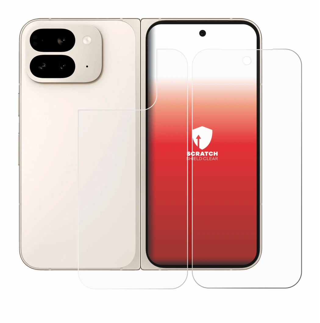 Abbildung des Geräts Google Pixel 9 Pro Fold (Display+Rückseite) mit einer Vielzahl des Displayschutzes.