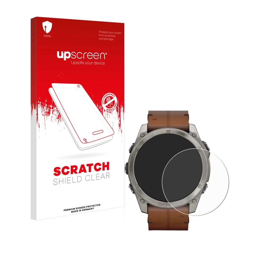 Vorderseite einer Produktverpackung mit dem Markenlogo upscreen. Daneben ist das Gerät Garmin Fenix 8 AMOLED (51 mm) mit dem z